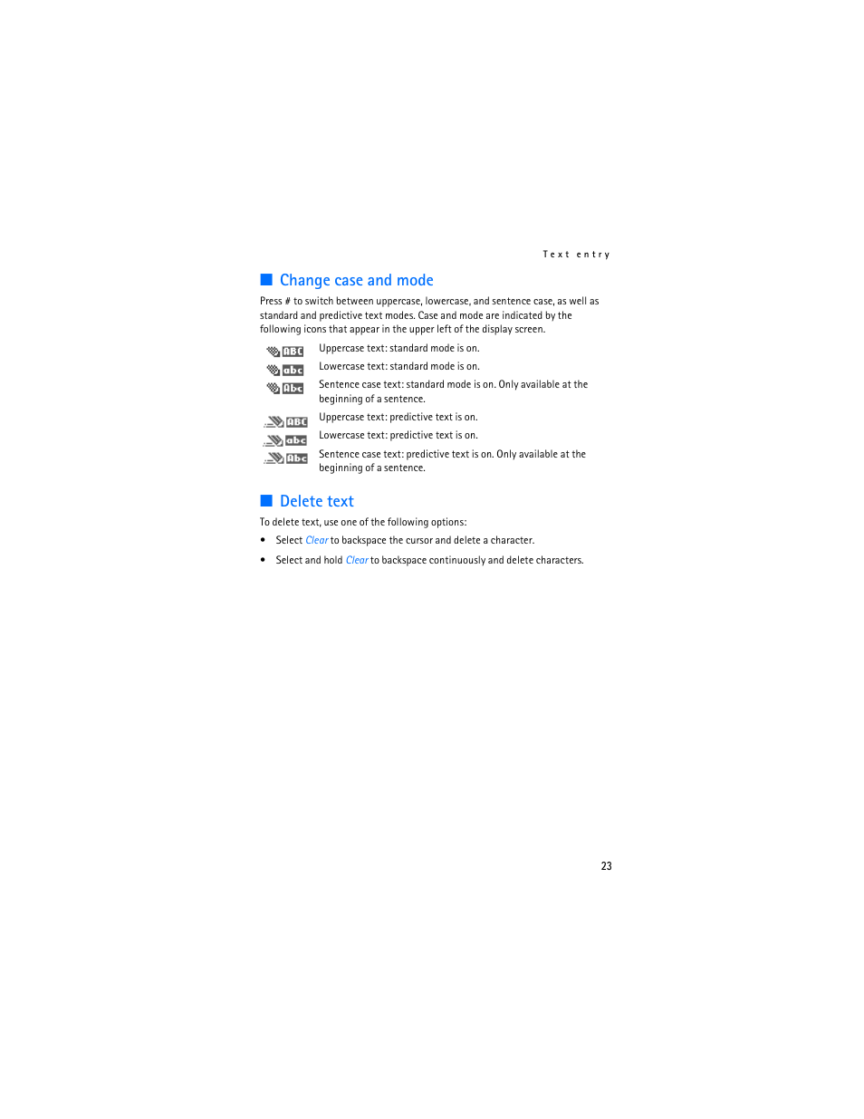 Change case and mode, Delete text | Nokia 6265i User Manual | Page 24 / 257