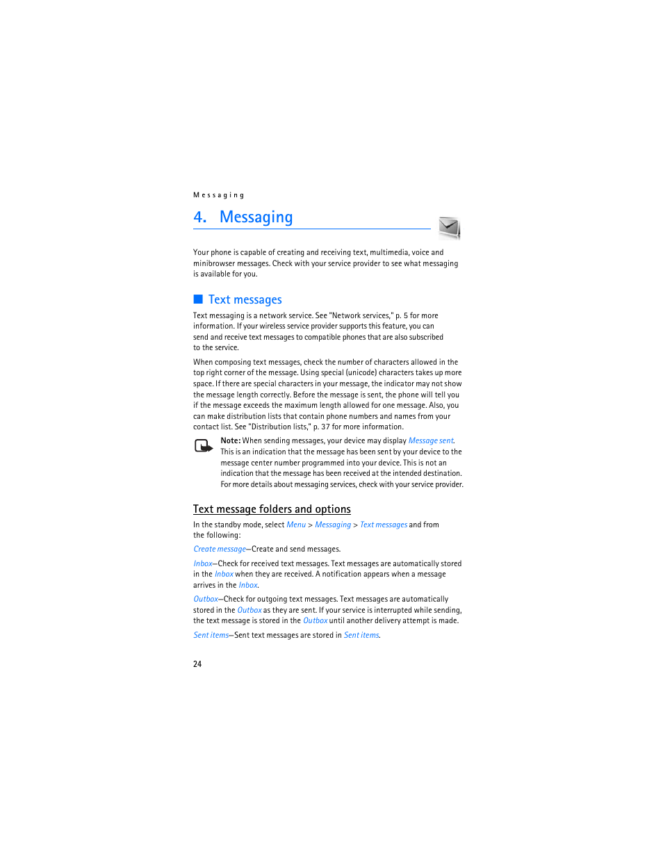 Messaging, Text messages, Text message folders and options | Nokia 6265i User Manual | Page 25 / 257