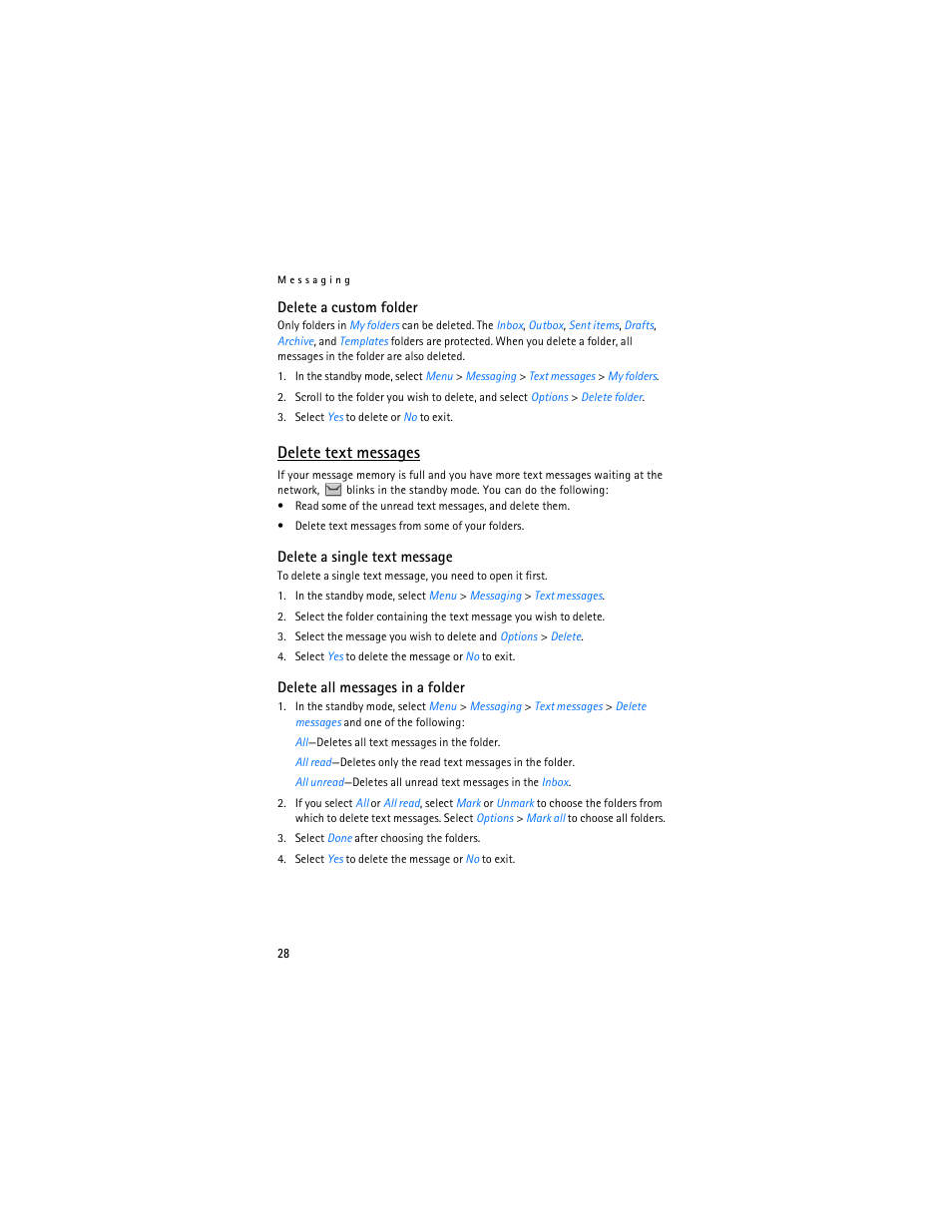 Delete text messages | Nokia 6265i User Manual | Page 29 / 257
