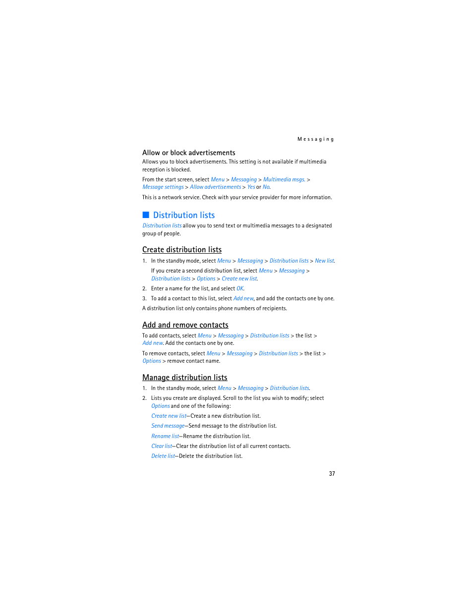 Distribution lists, Create distribution lists, Add and remove contacts | Manage distribution lists | Nokia 6265i User Manual | Page 38 / 257