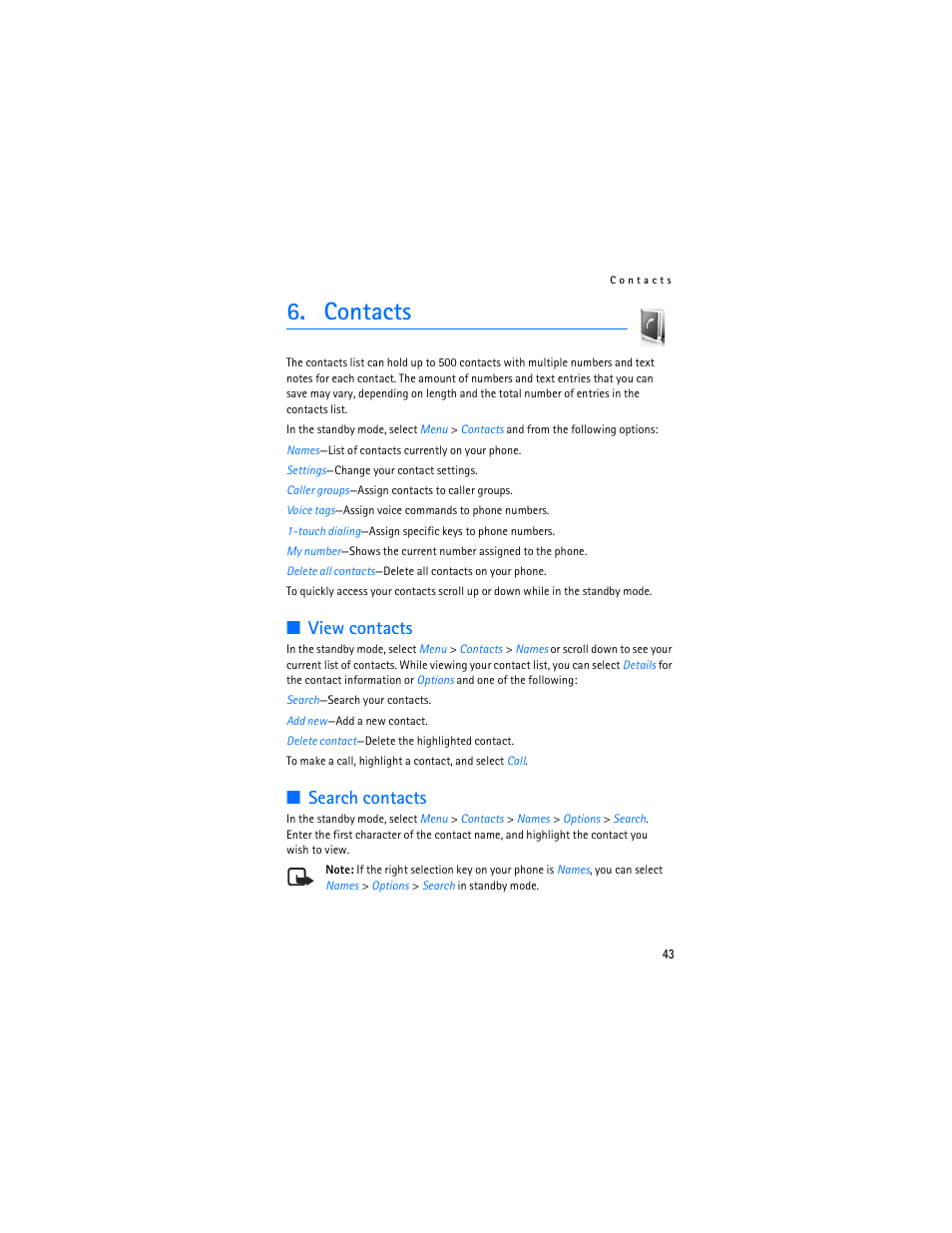 Contacts, View contacts, Search contacts | Nokia 6265i User Manual | Page 44 / 257