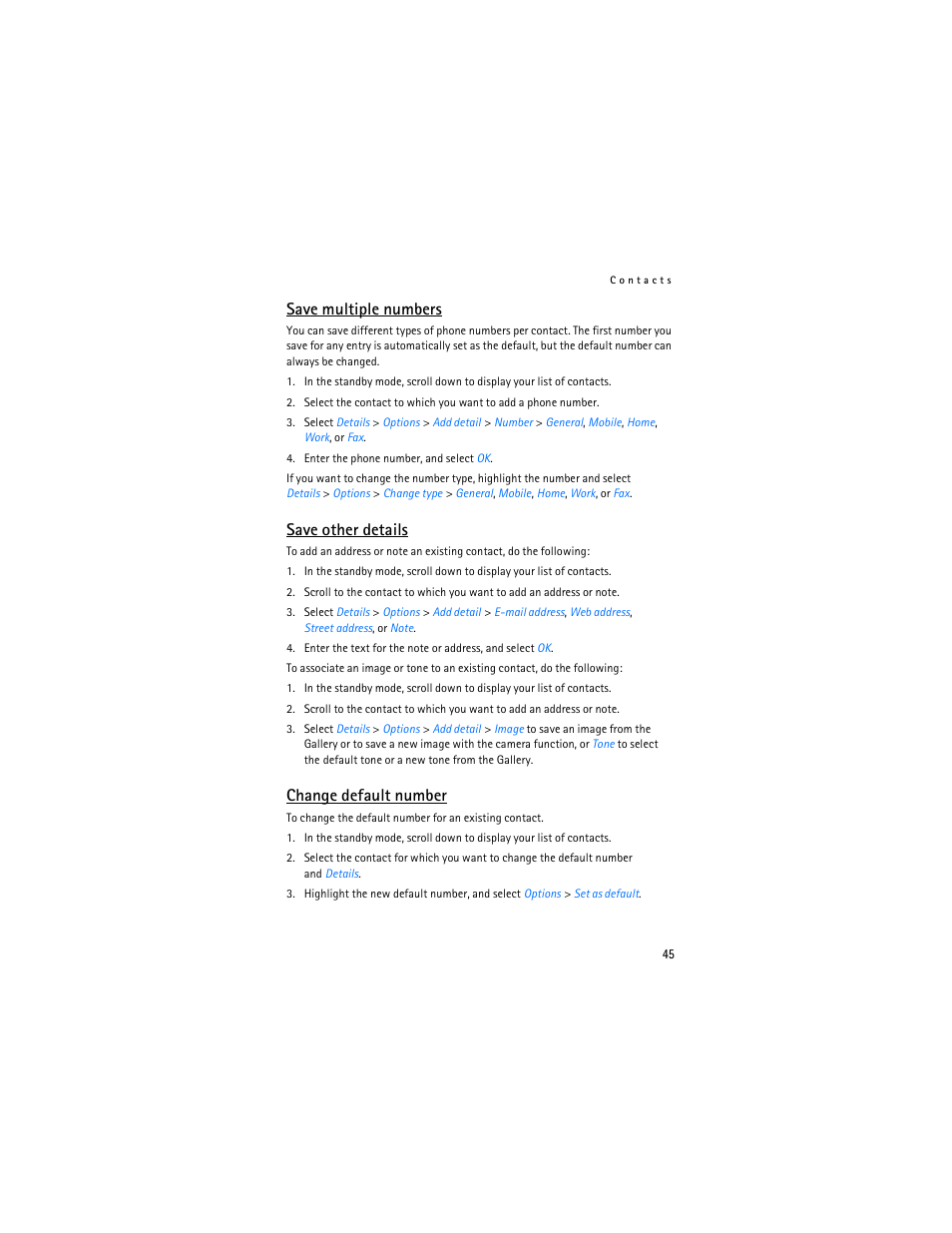 Save multiple numbers, Save other details, Change default number | Nokia 6265i User Manual | Page 46 / 257