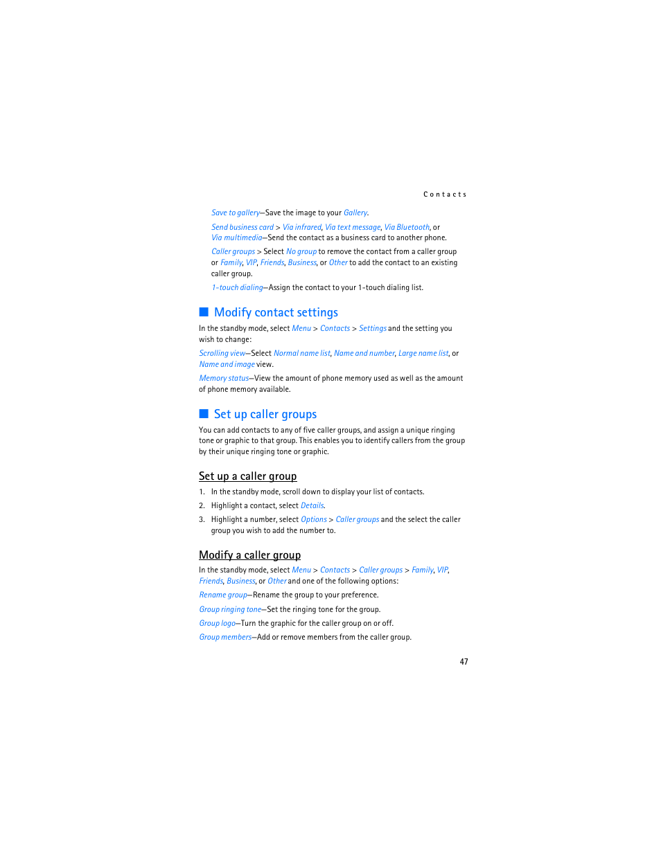 Modify contact settings, Set up caller groups, Set up a caller group | Modify a caller group | Nokia 6265i User Manual | Page 48 / 257