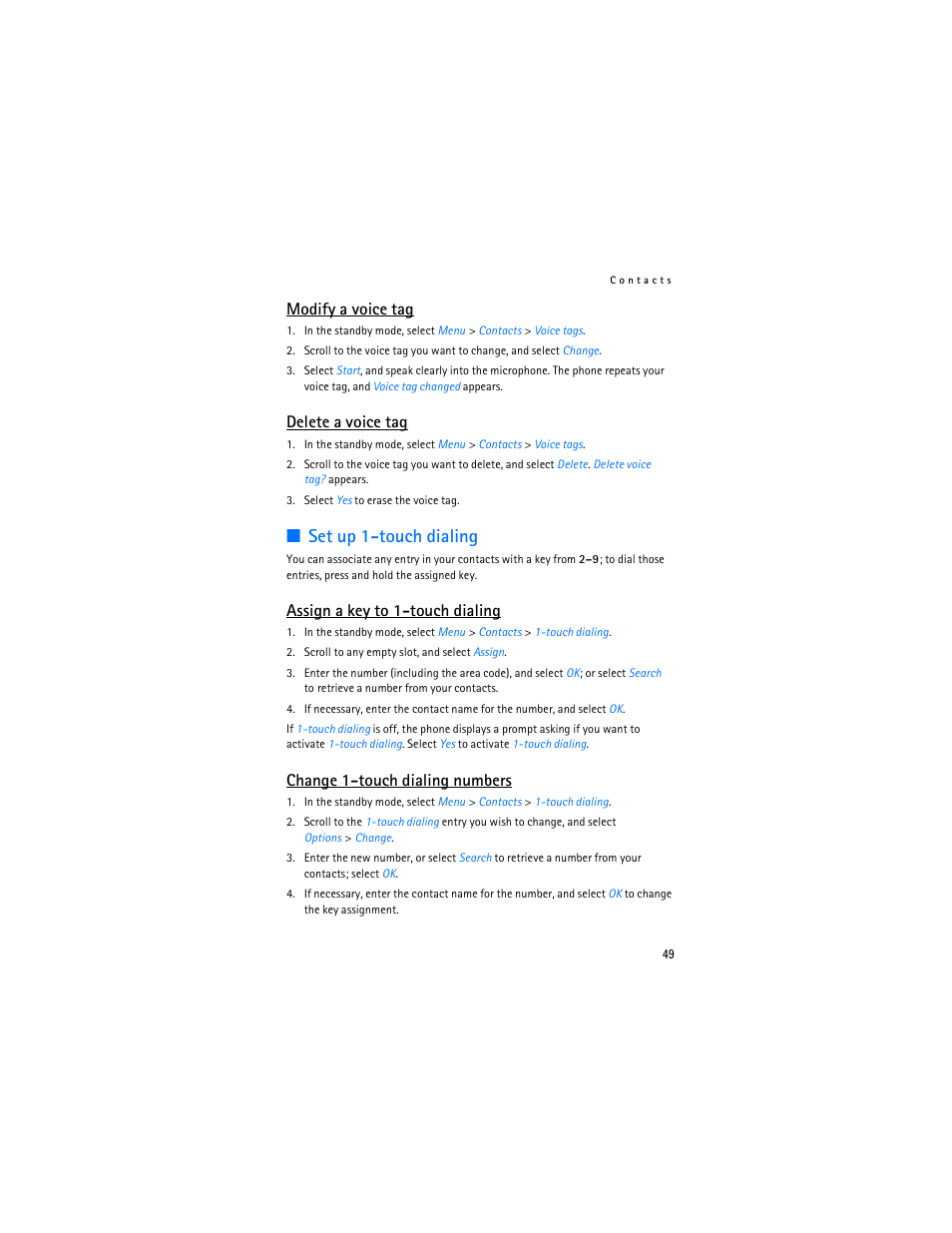Set up 1-touch dialing, Modify a voice tag, Delete a voice tag | Assign a key to 1-touch dialing, Change 1-touch dialing numbers | Nokia 6265i User Manual | Page 50 / 257