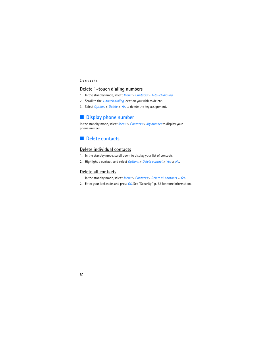 Display phone number, Delete contacts, Delete 1-touch dialing numbers | Delete individual contacts, Delete all contacts | Nokia 6265i User Manual | Page 51 / 257