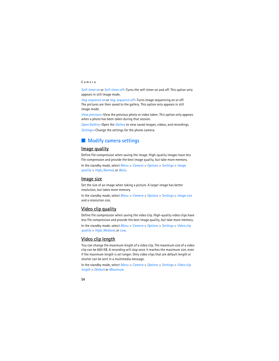 Modify camera settings, Image quality, Image size | Video clip quality, Video clip length | Nokia 6265i User Manual | Page 55 / 257