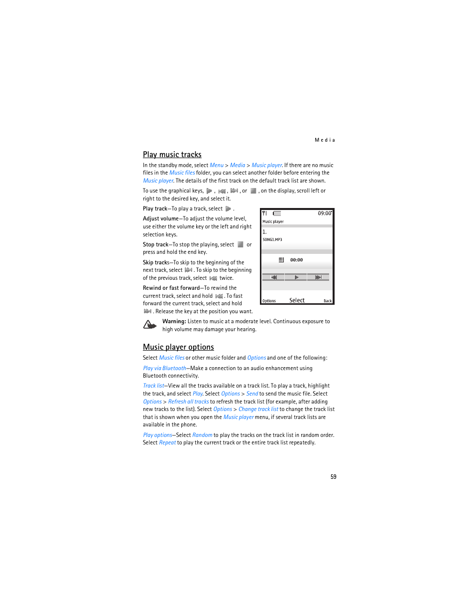 Play music tracks, Music player options | Nokia 6265i User Manual | Page 60 / 257