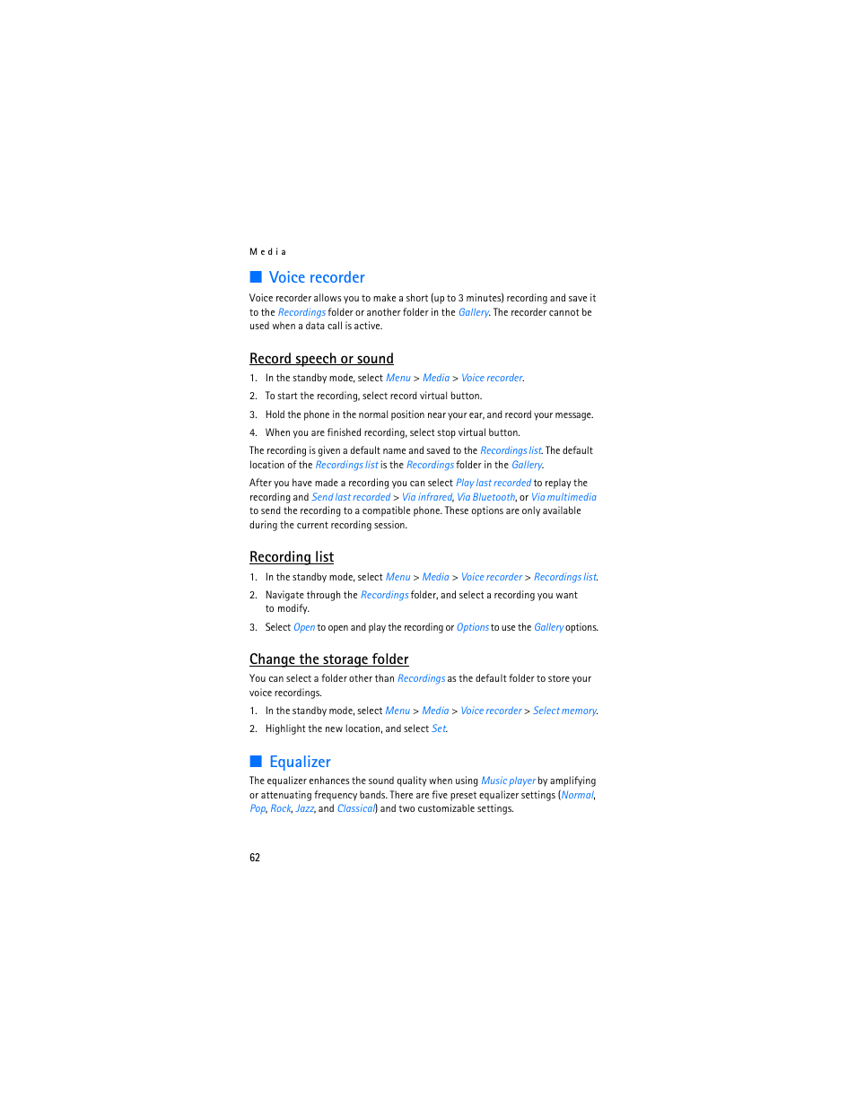 Voice recorder, Equalizer, Record speech or sound | Recording list, Change the storage folder | Nokia 6265i User Manual | Page 63 / 257