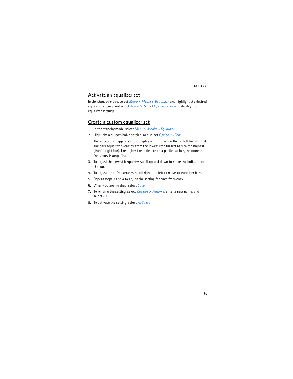Activate an equalizer set, Create a custom equalizer set | Nokia 6265i User Manual | Page 64 / 257