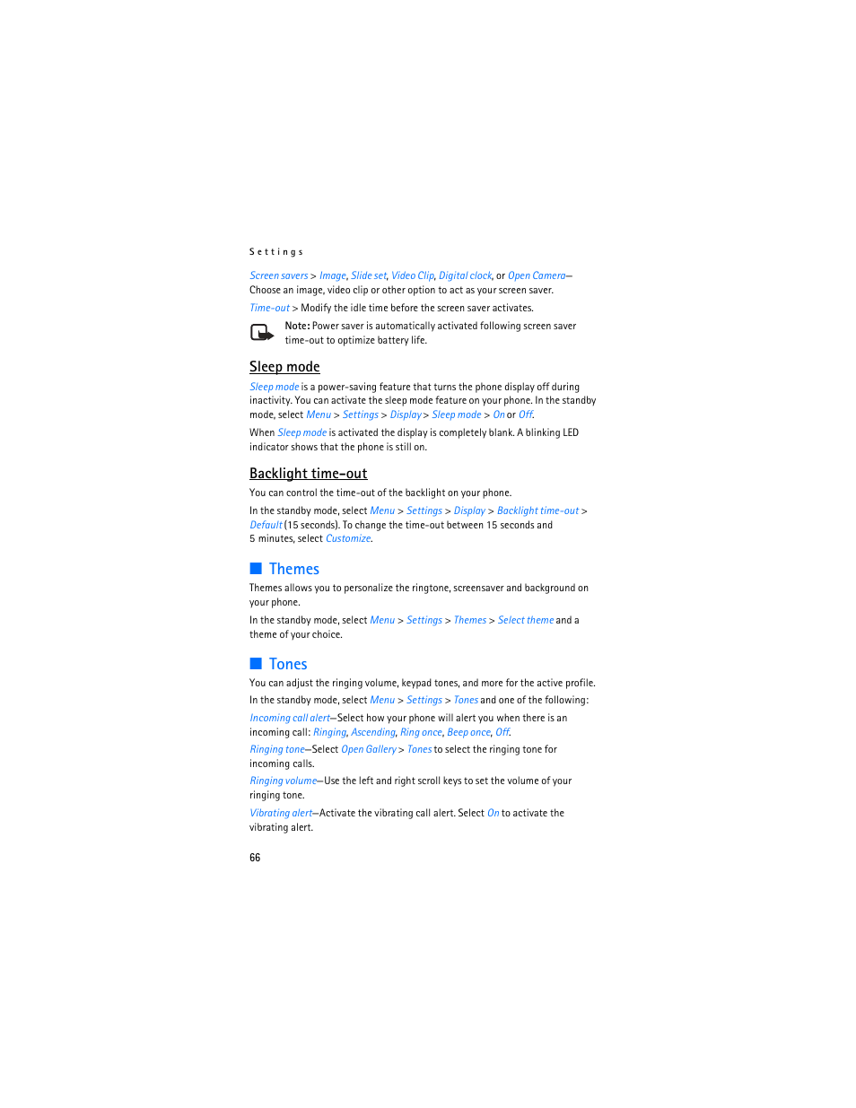 Themes, Tones, Sleep mode | Backlight time-out | Nokia 6265i User Manual | Page 67 / 257