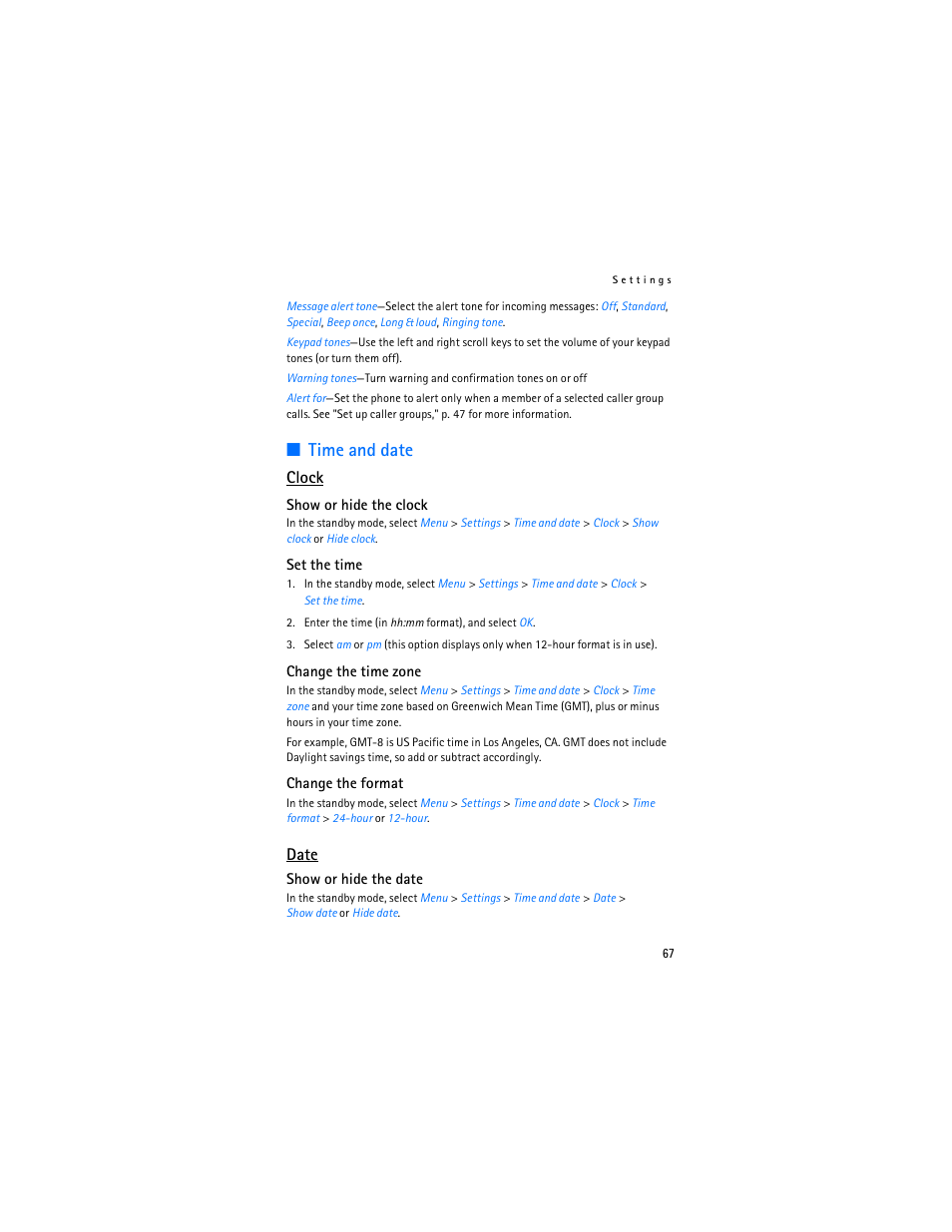 Time and date, Clock, Date | Nokia 6265i User Manual | Page 68 / 257