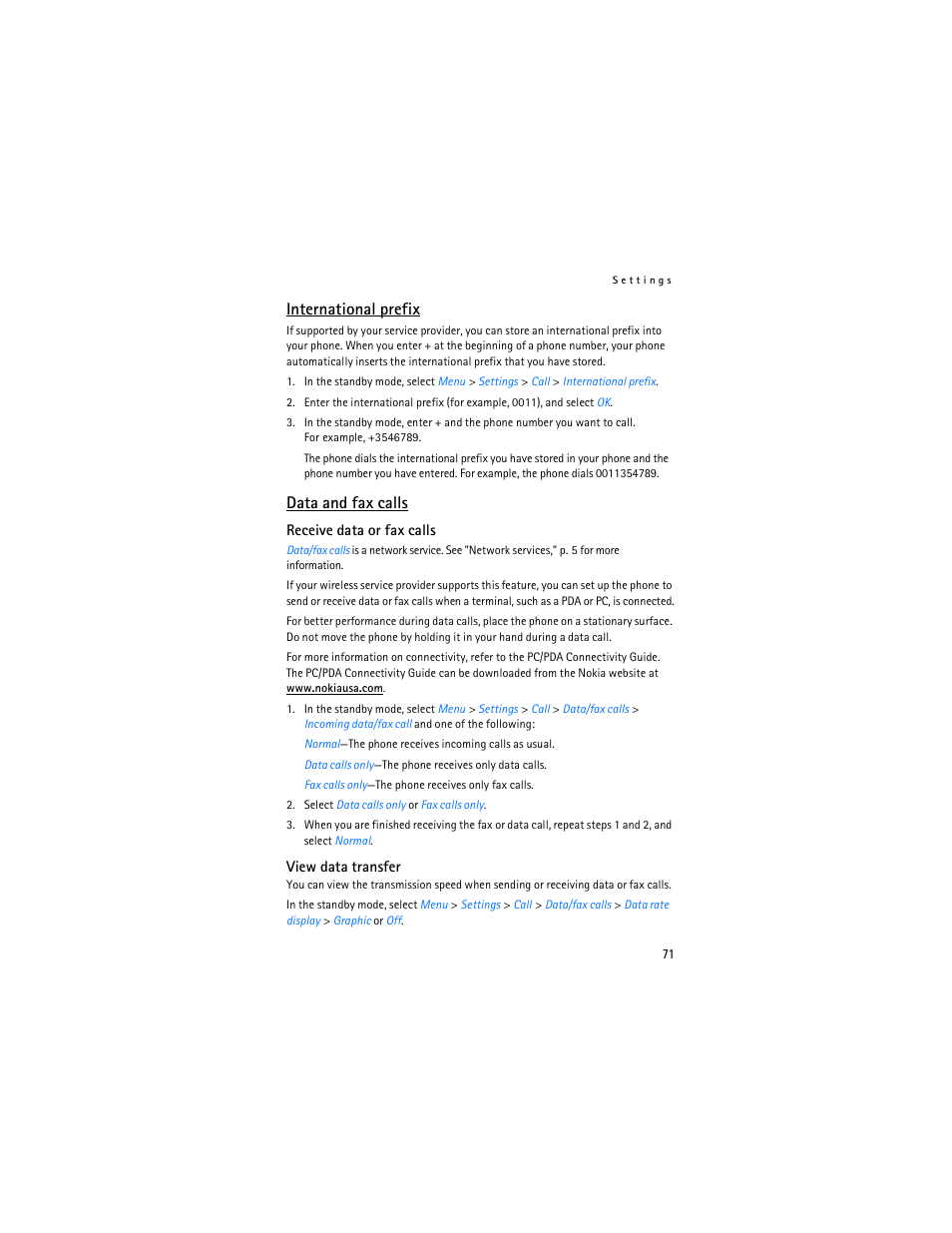 International prefix, Data and fax calls | Nokia 6265i User Manual | Page 72 / 257