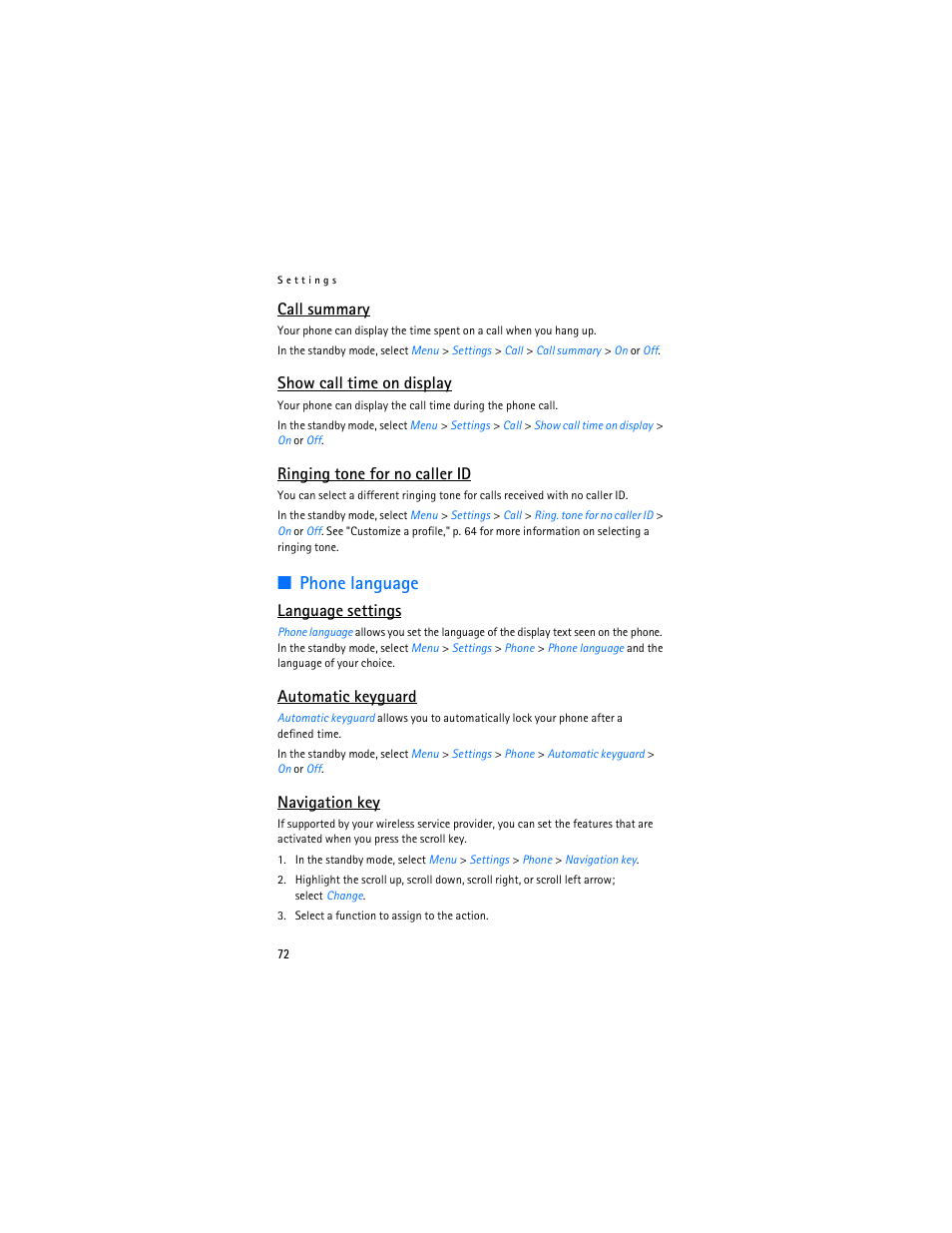 Phone language, Call summary, Show call time on display | Ringing tone for no caller id, Language settings, Automatic keyguard, Navigation key | Nokia 6265i User Manual | Page 73 / 257