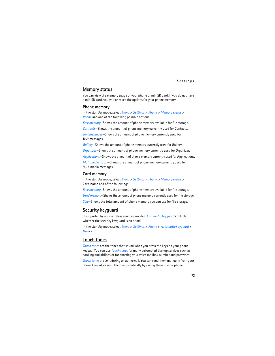 Security keyguard, Touch tones | Nokia 6265i User Manual | Page 74 / 257