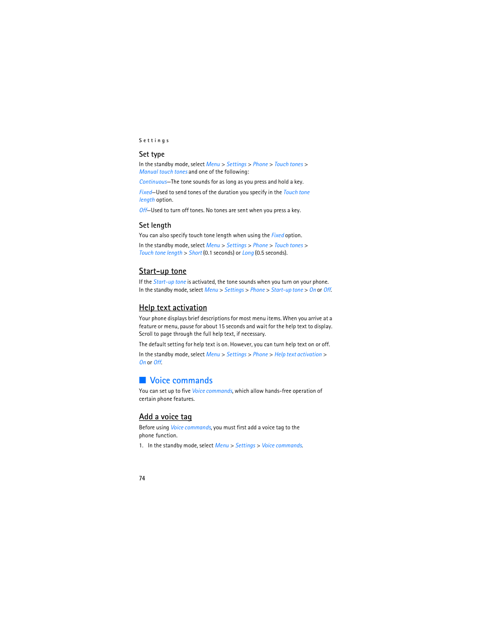 Voice commands, Start-up tone, Help text activation | Add a voice tag | Nokia 6265i User Manual | Page 75 / 257