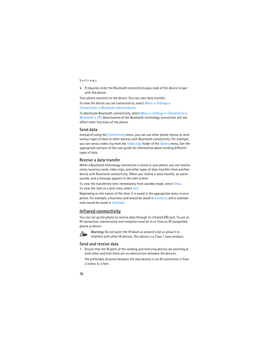 Nfrared connectivity," p. 78, Infrared connectivity | Nokia 6265i User Manual | Page 79 / 257