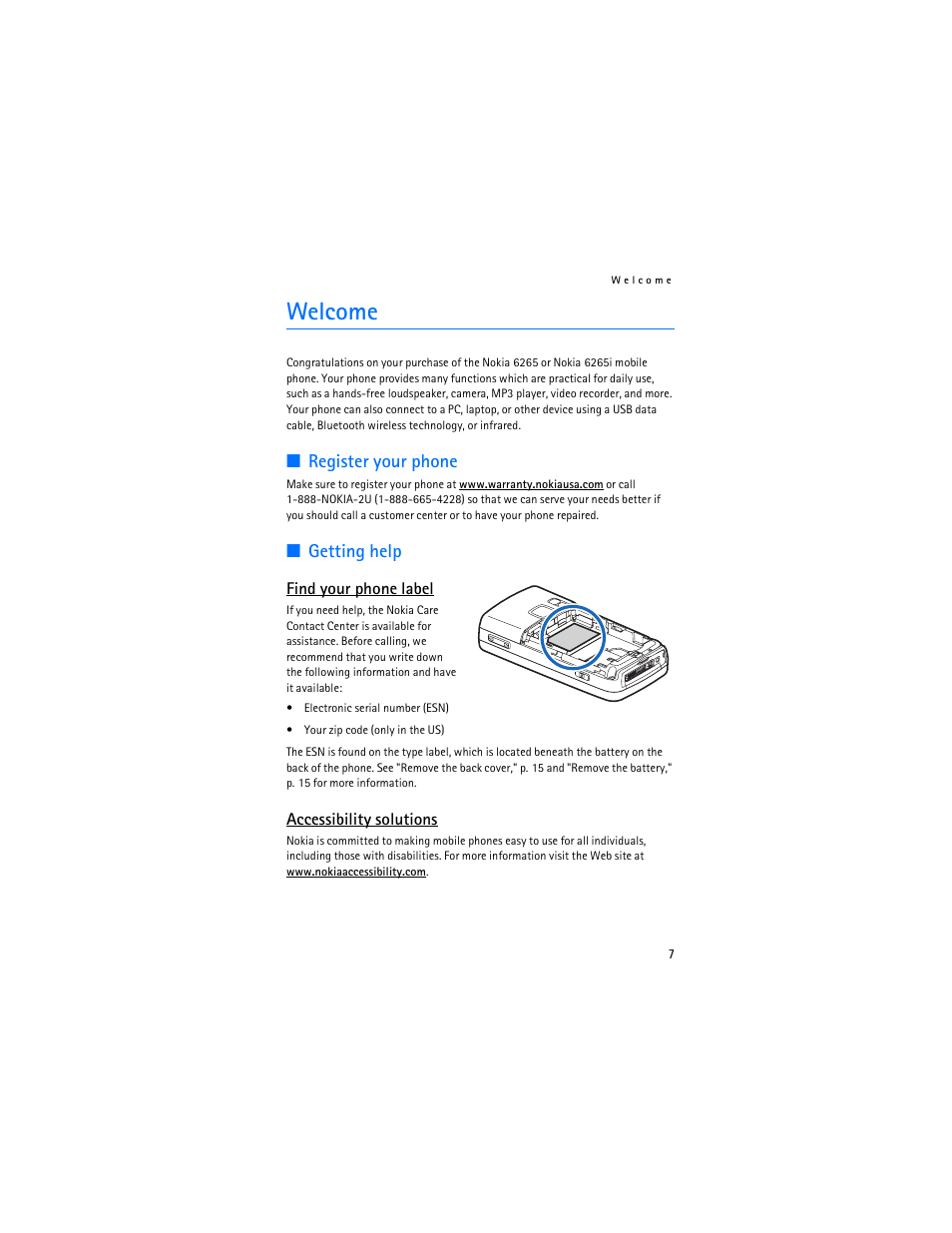 Welcome, Register your phone, Getting help | Nokia 6265i User Manual | Page 8 / 257