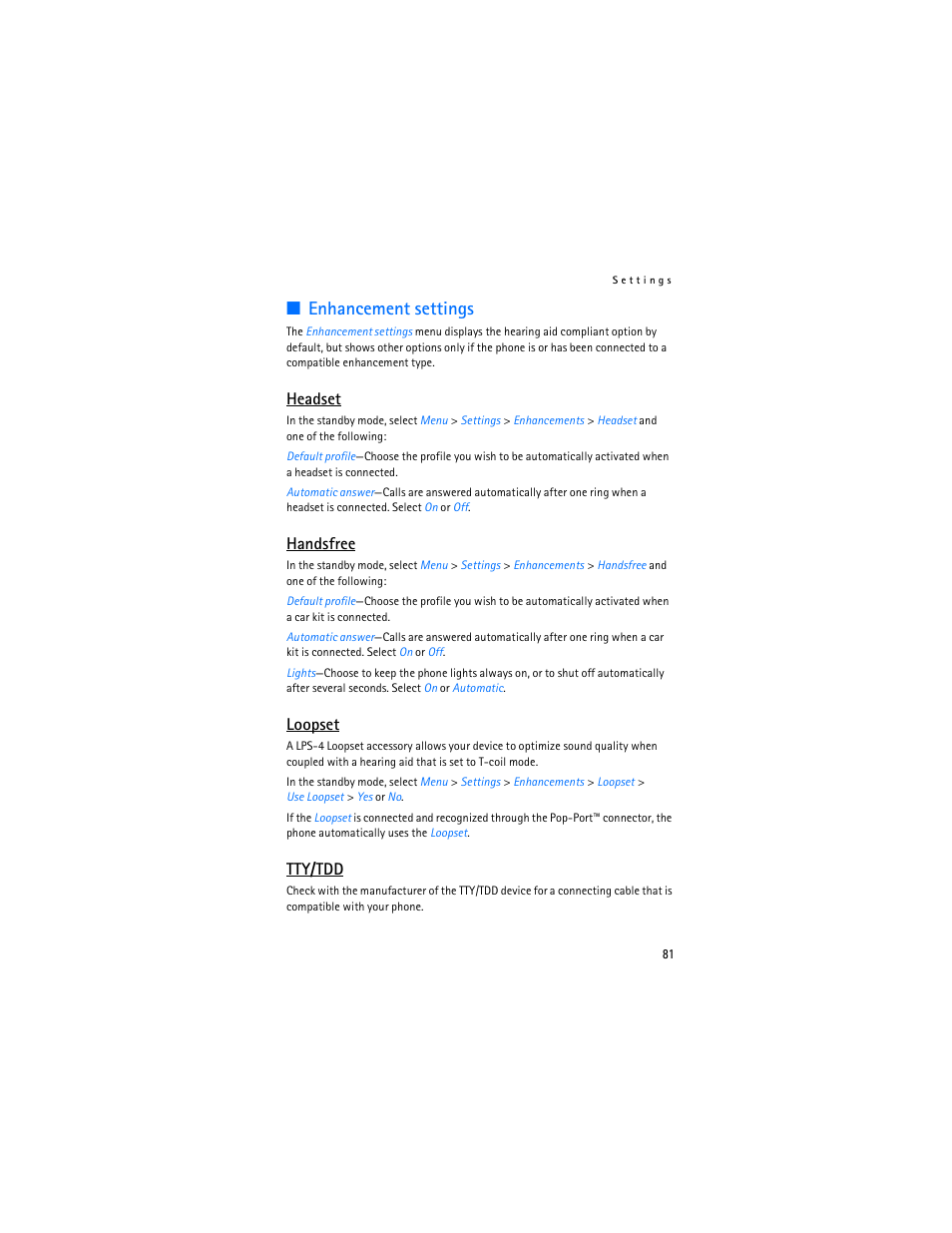 Enhancement settings," p. 81, Enhancement settings, Headset | Handsfree, Loopset, Tty/tdd | Nokia 6265i User Manual | Page 82 / 257