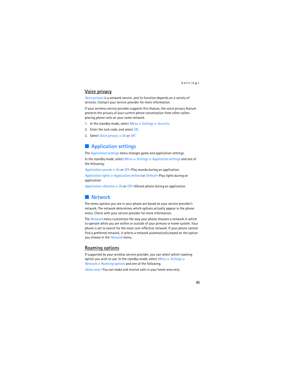 Application settings, Network, Voice privacy | Roaming options | Nokia 6265i User Manual | Page 86 / 257