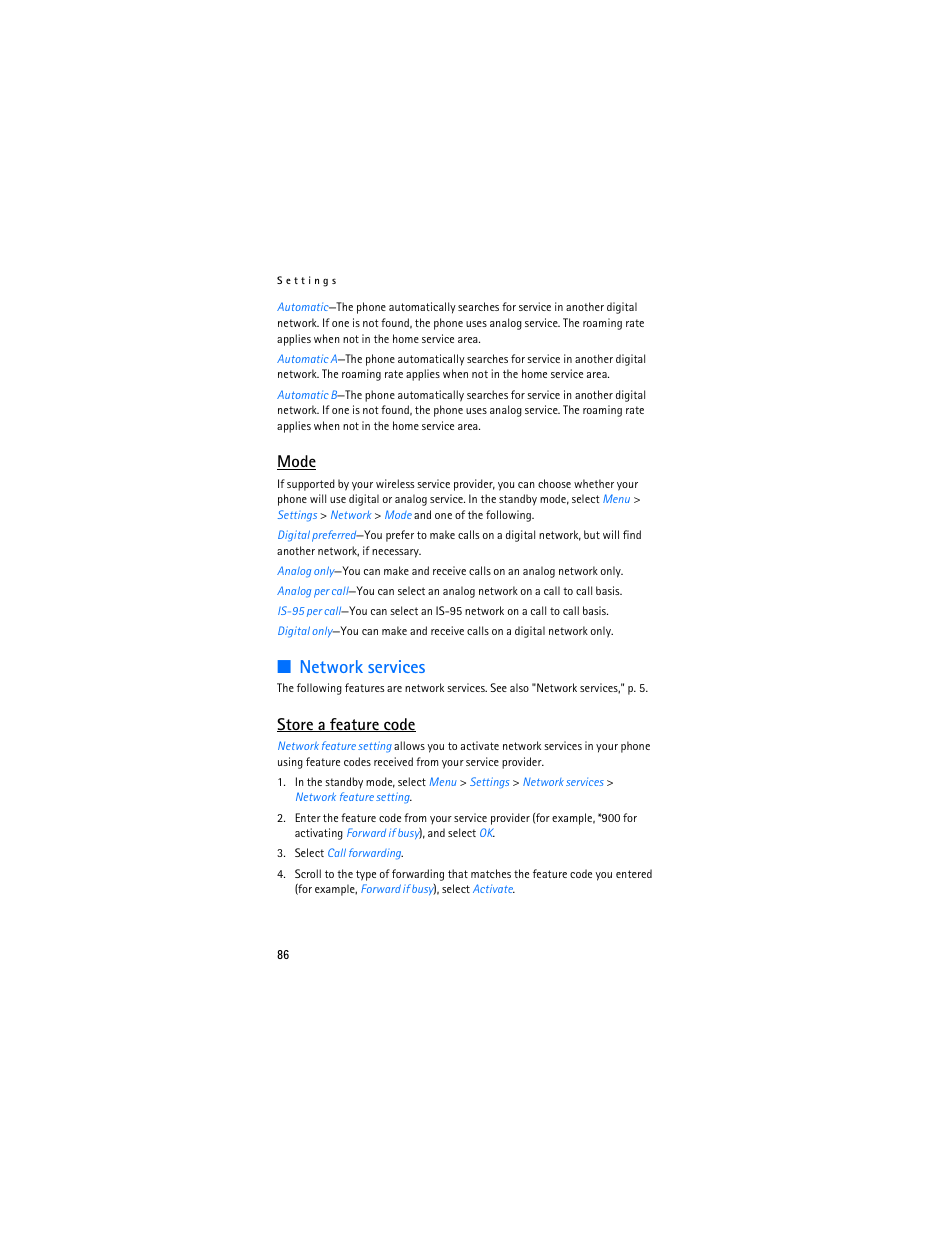 Network services, Mode, Store a feature code | Nokia 6265i User Manual | Page 87 / 257