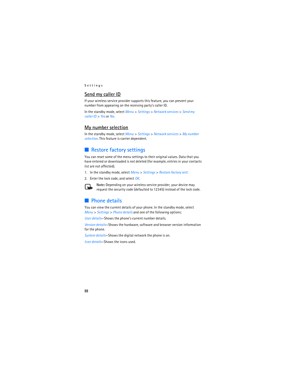Restore factory settings, Phone details, Send my caller id | My number selection | Nokia 6265i User Manual | Page 89 / 257