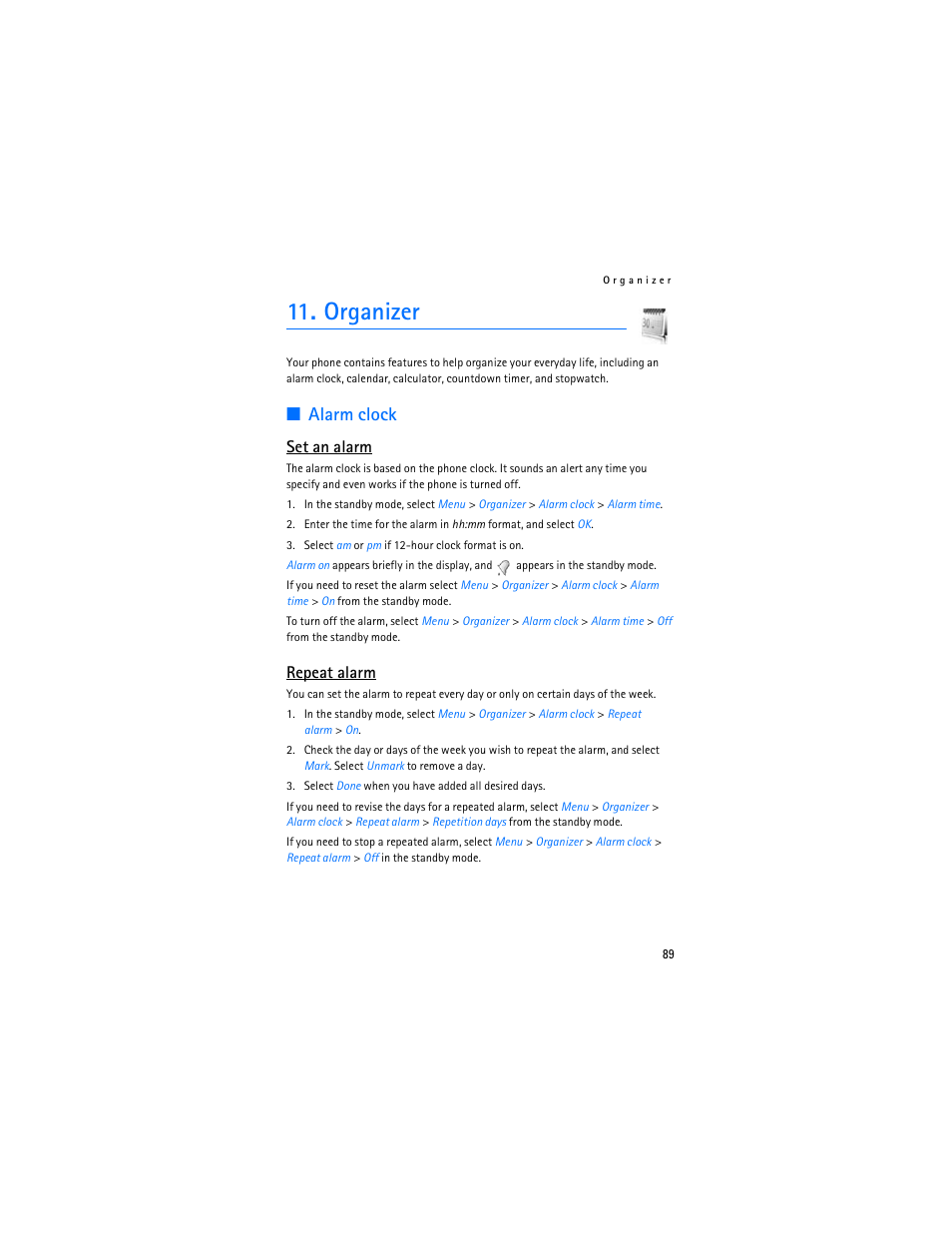 Organizer, Alarm clock," p. 89, Alarm clock | Set an alarm, Repeat alarm | Nokia 6265i User Manual | Page 90 / 257