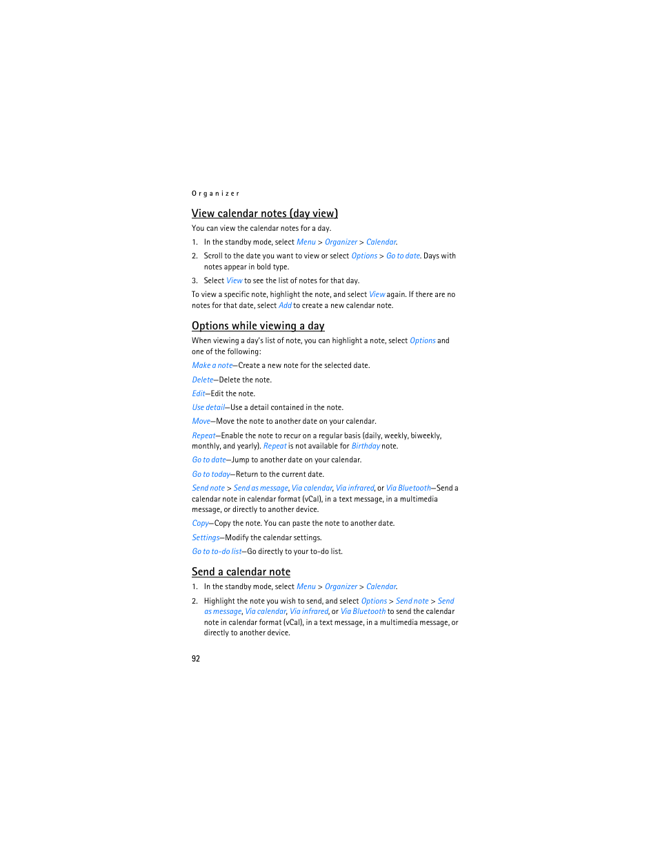 Options while viewing a day | Nokia 6265i User Manual | Page 93 / 257