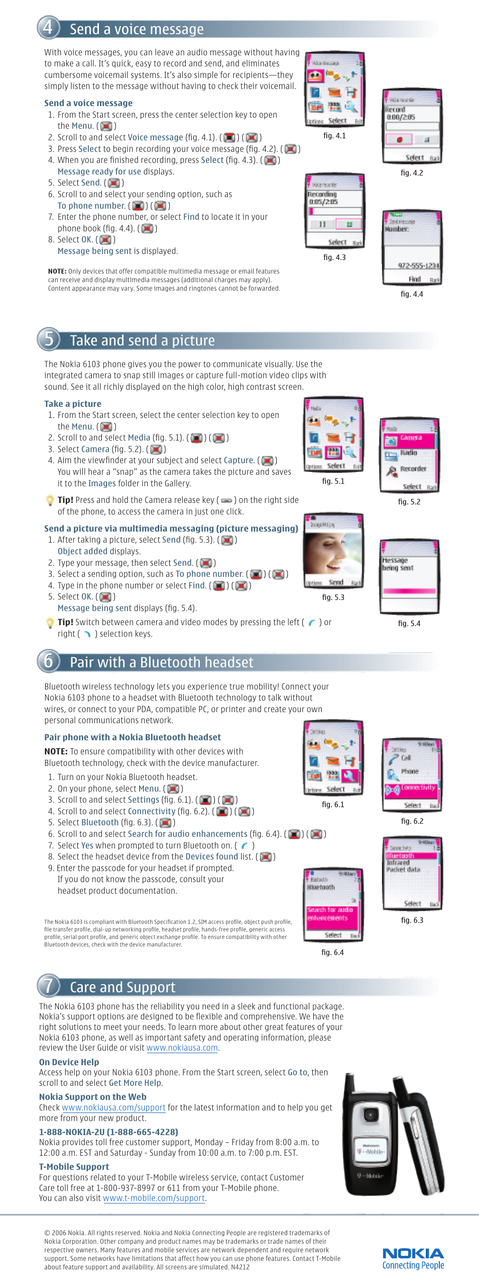 Pair with a bluetooth headset, Take and send a picture, Send a voice message | Nokia 6103 User Manual | Page 2 / 2