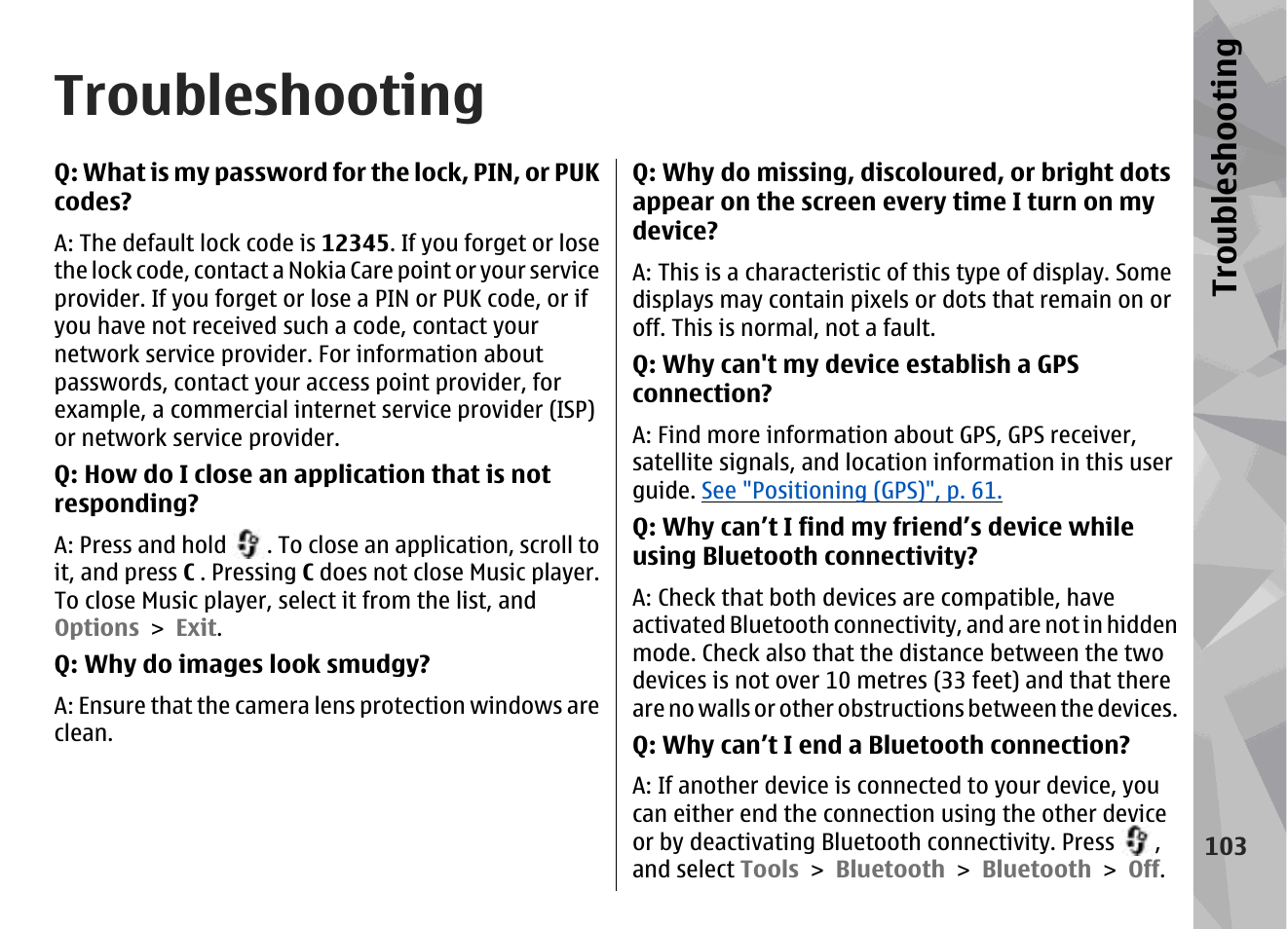 Troubleshooting, Troubl es hooti ng | Nokia N95 User Manual | Page 103 / 117