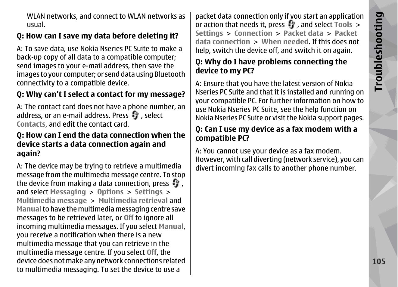 Troubl es hooti ng | Nokia N95 User Manual | Page 105 / 117
