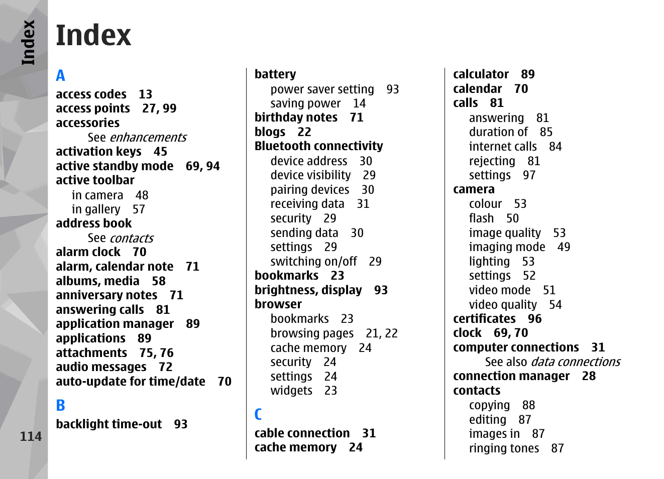 Index | Nokia N95 User Manual | Page 114 / 117