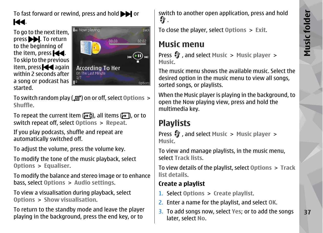 Music menu, Playlists, Music fol der | Nokia N95 User Manual | Page 37 / 117