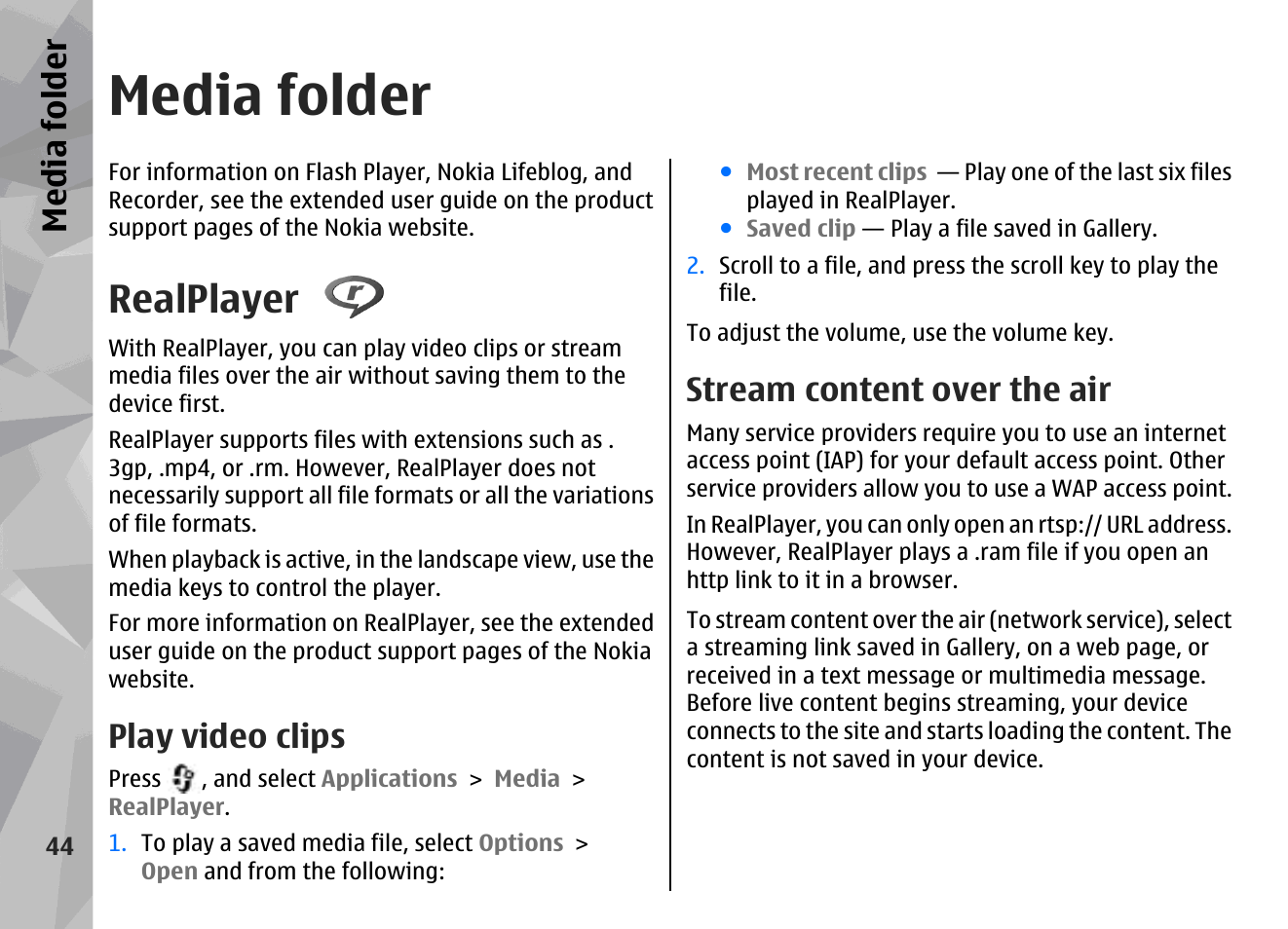 Media folder, Realplayer, Play video clips | Stream content over the air, Media fol der | Nokia N95 User Manual | Page 44 / 117