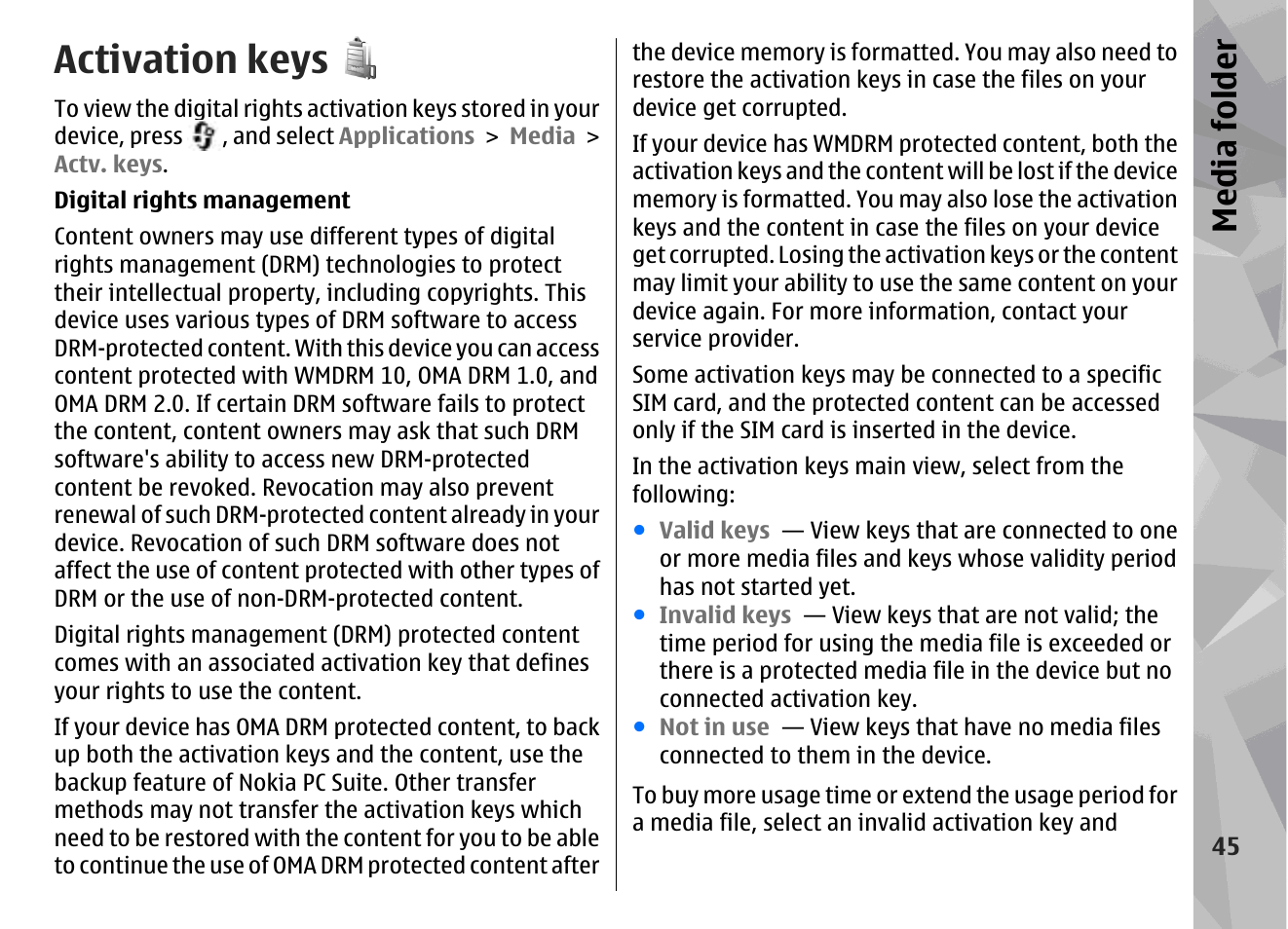 Activation keys, Media fol der | Nokia N95 User Manual | Page 45 / 117