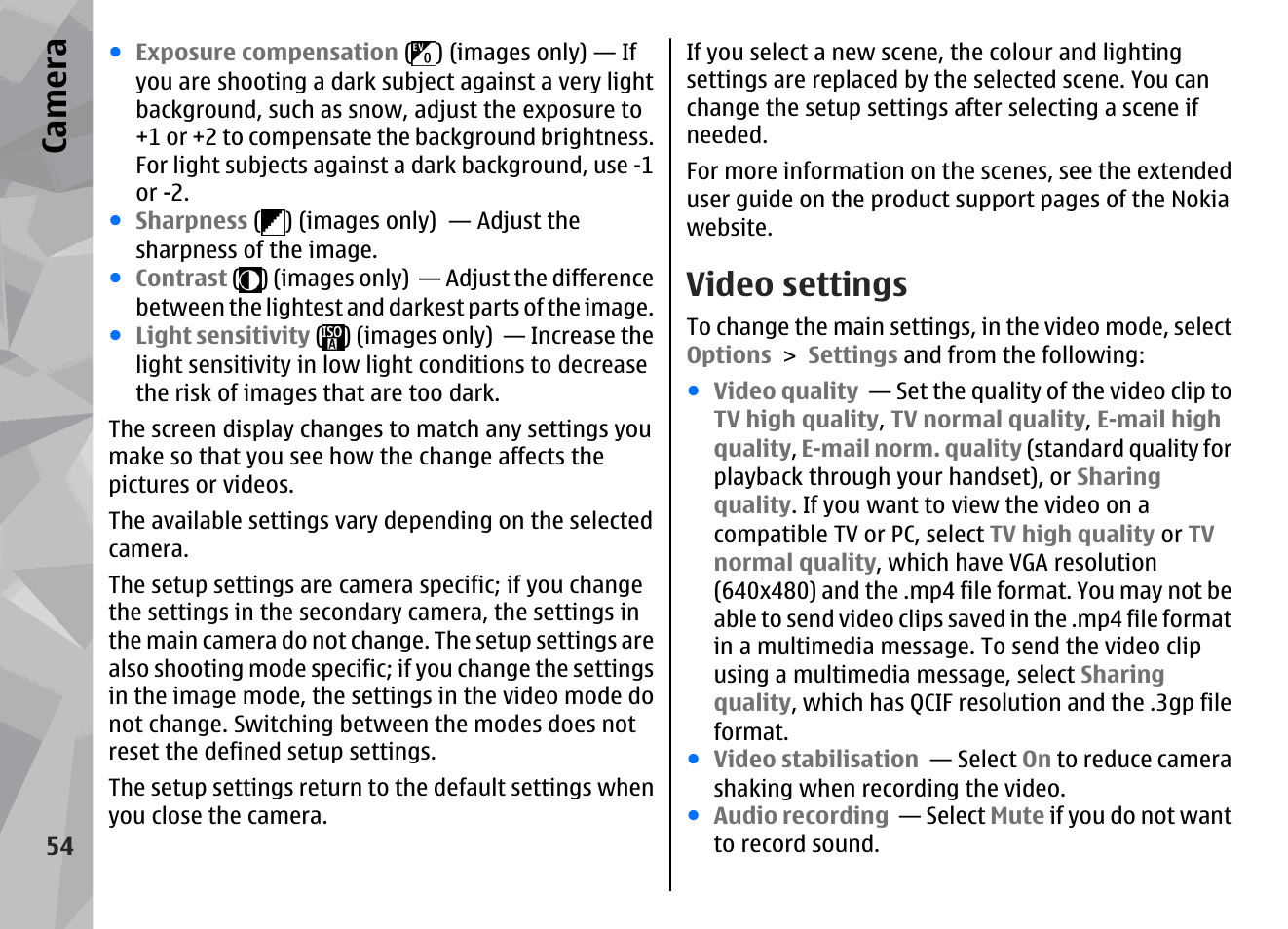 Video settings, Video settings", p. 54, Ca mera | Nokia N95 User Manual | Page 54 / 117