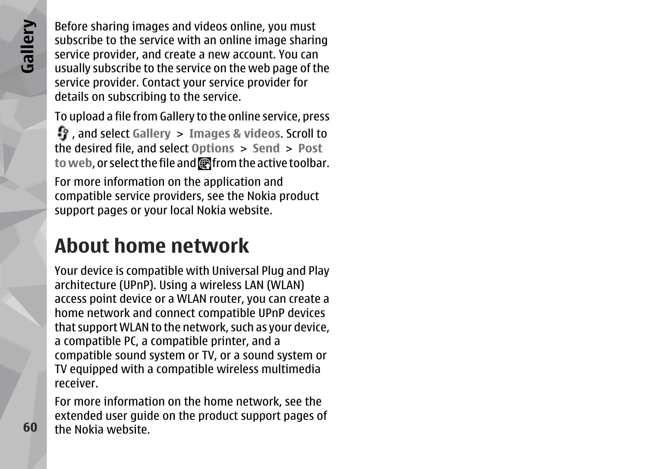 About home network, Gallery | Nokia N95 User Manual | Page 60 / 117