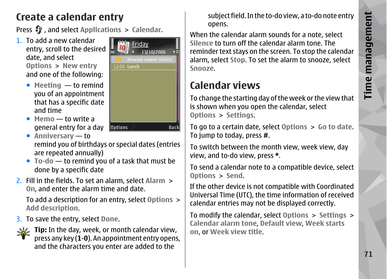 Create a calendar entry, Calendar views, Ti me ma nag eme nt | Nokia N95 User Manual | Page 71 / 117