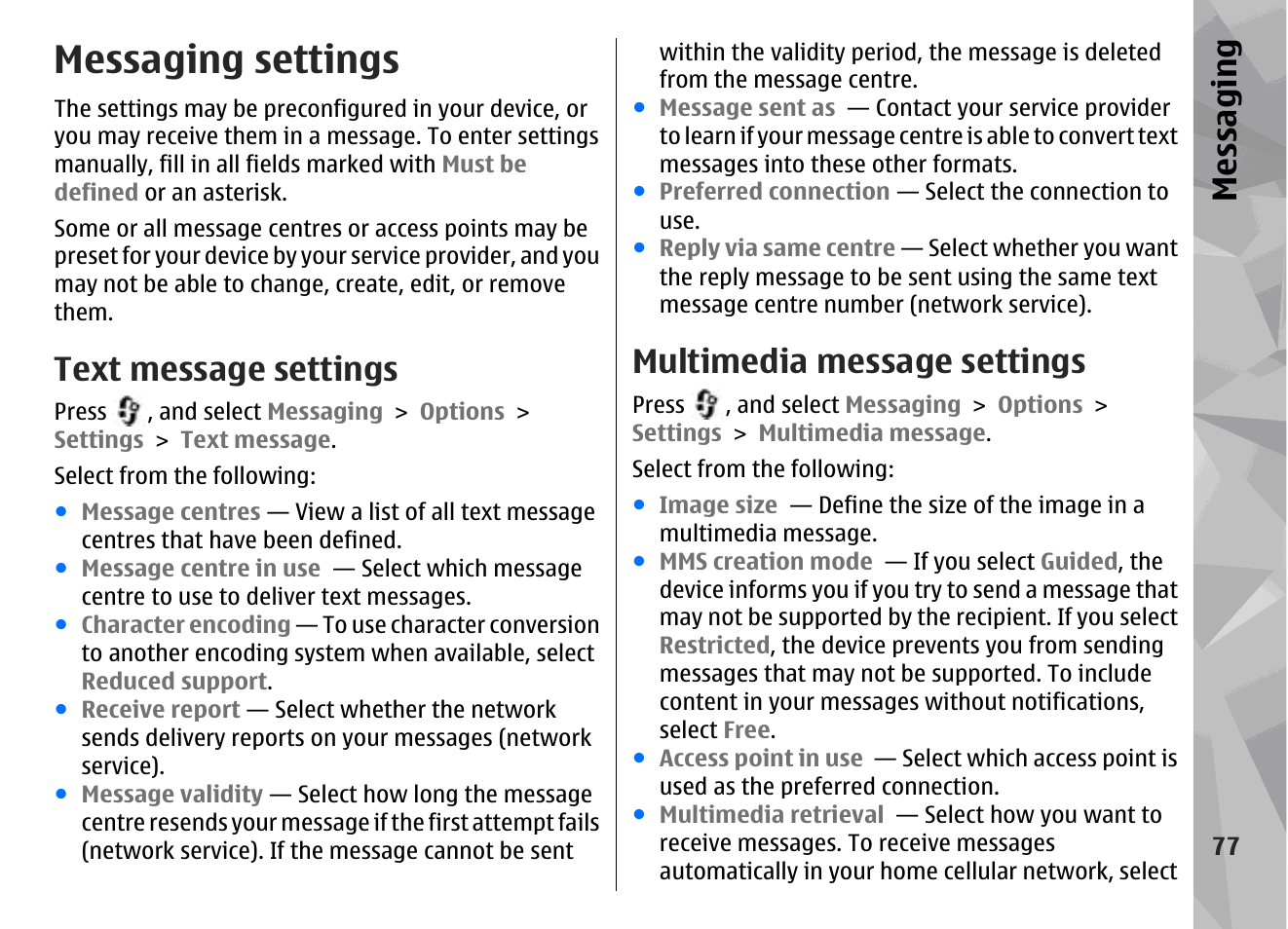 Messaging settings, Text message settings, Multimedia message settings | Messaging | Nokia N95 User Manual | Page 77 / 117