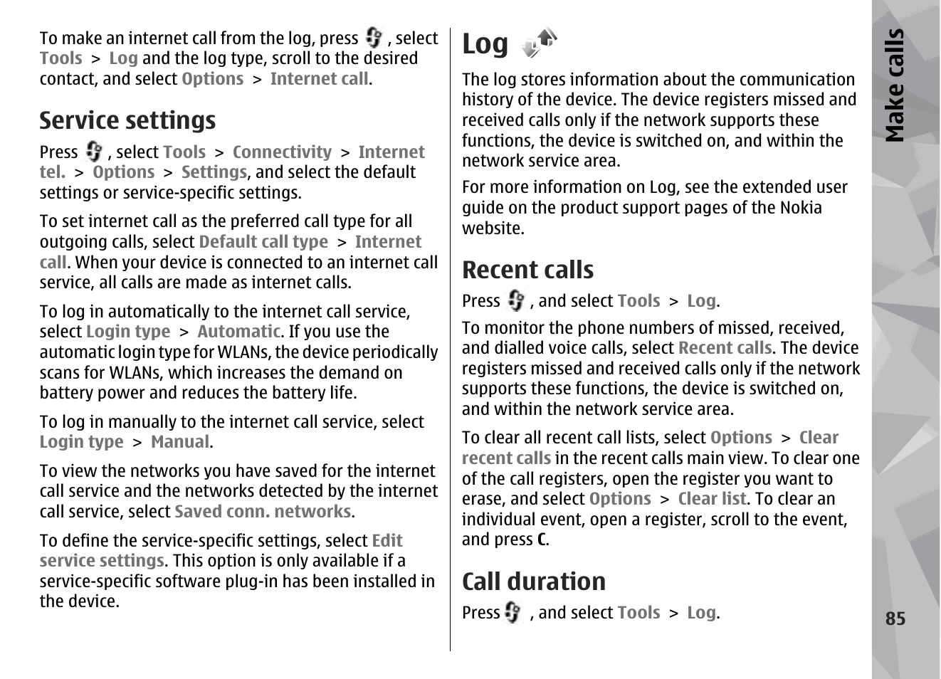 Service settings, Recent calls, Call duration | Make call s | Nokia N95 User Manual | Page 85 / 117