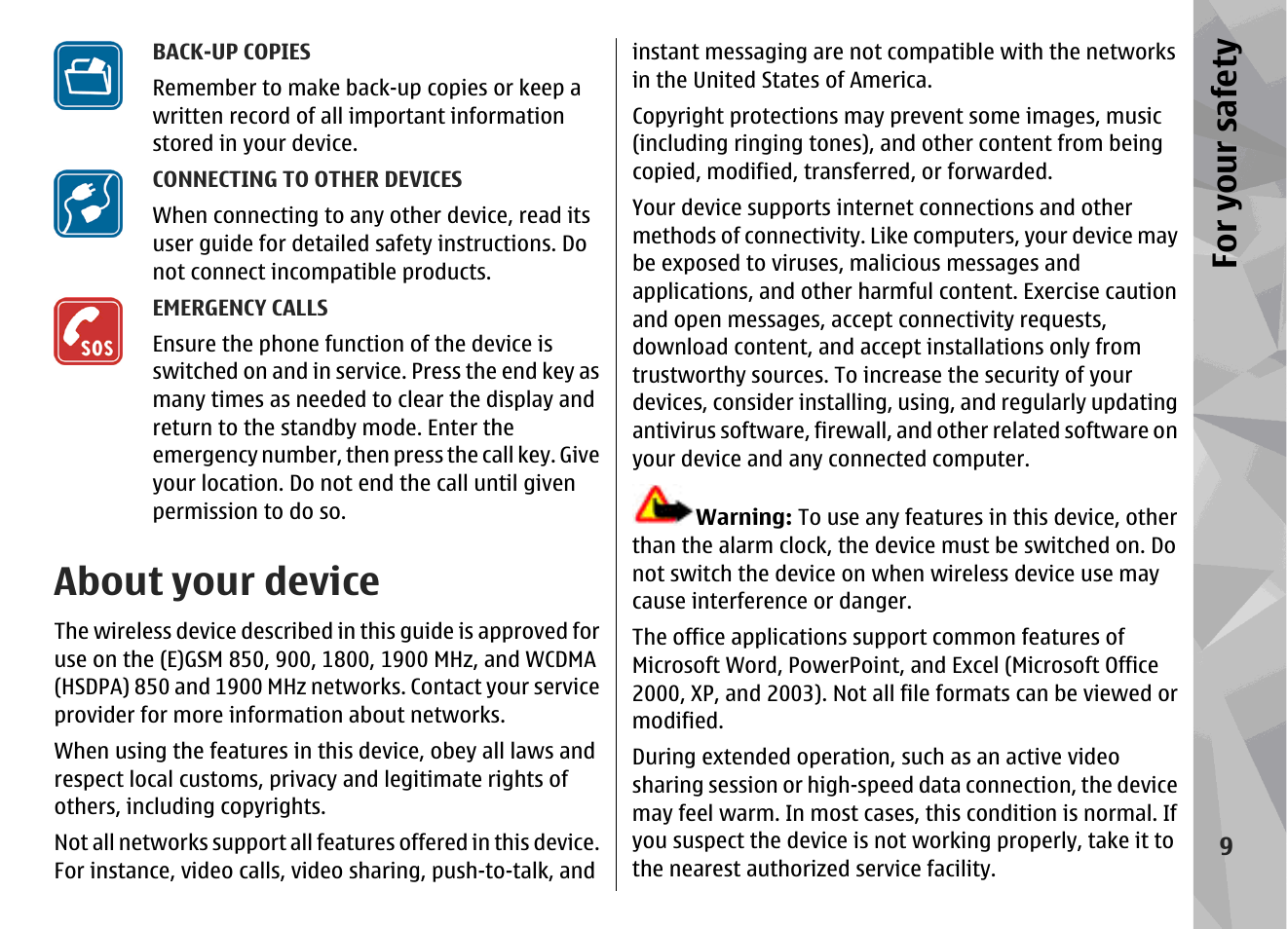 About your device, For yo ur sa fety | Nokia N95 User Manual | Page 9 / 117