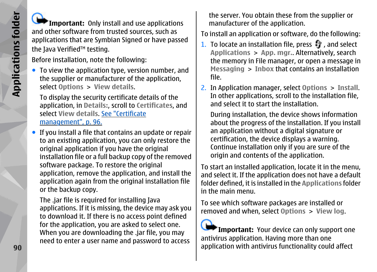 Appl icati ons fol der | Nokia N95 User Manual | Page 90 / 117
