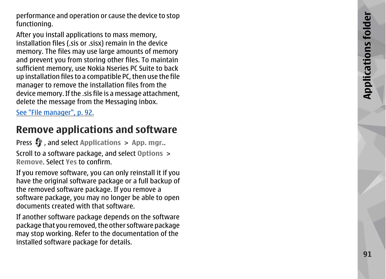 Remove applications and software, Appl icati ons fol der | Nokia N95 User Manual | Page 91 / 117