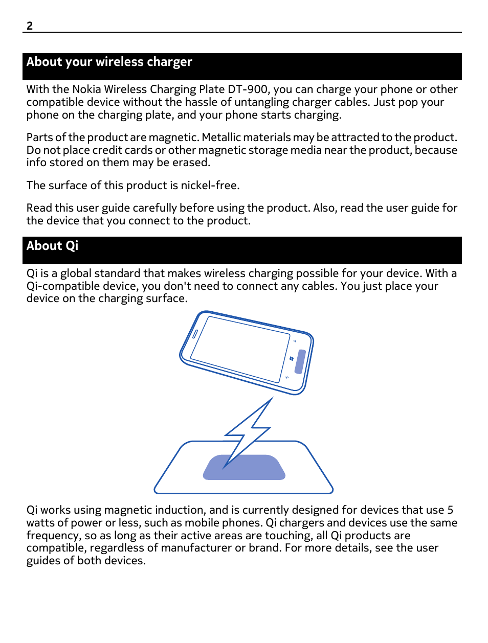 About your wireless charger, About qi | Nokia DT-900 User Manual | Page 2 / 7