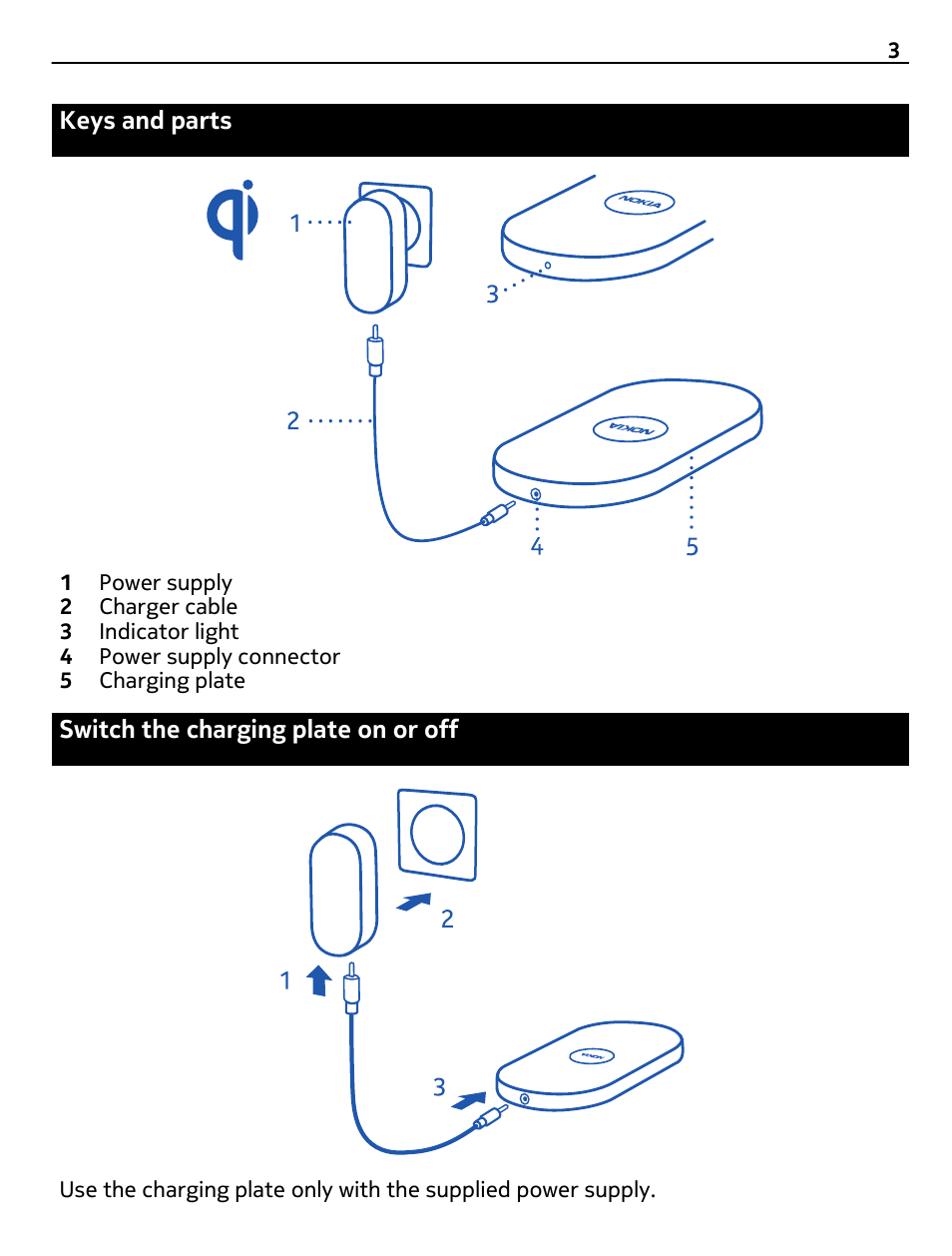 Keys and parts, Switch the charging plate on or off | Nokia DT-900 User Manual | Page 3 / 7