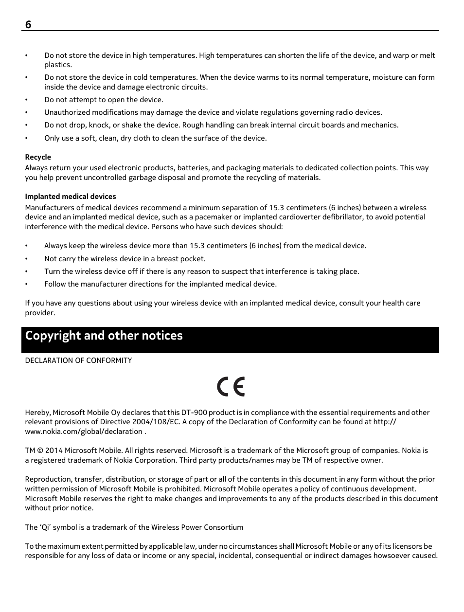 Recycle, Implanted medical devices, Copyright and other notices | Nokia DT-900 User Manual | Page 6 / 7