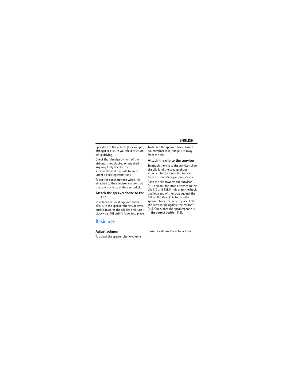 Attach the speakerphone to the clip, Attach the clip to the sunvisor, Basic use | Adjust volume | Nokia Speakerphone HF-200 User Manual | Page 9 / 14