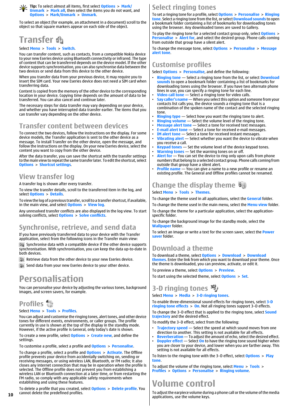 Transfer, Transfer content between devices, View transfer log | Synchronise, retrieve, and send data, Personalisation, Profiles, Select ringing tones, Customise profiles, Change the display theme, Download a theme | Nokia E51 User Manual | Page 10 / 52
