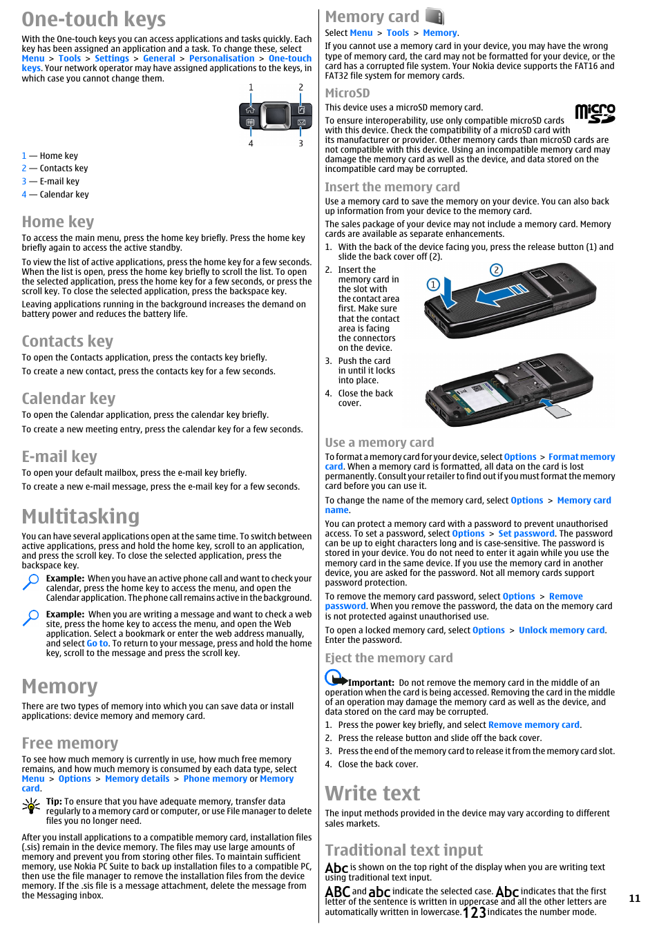 One-touch keys, Home key, Contacts key | Calendar key, E-mail key, Multitasking, Memory, Free memory, Memory card, Microsd | Nokia E51 User Manual | Page 11 / 52