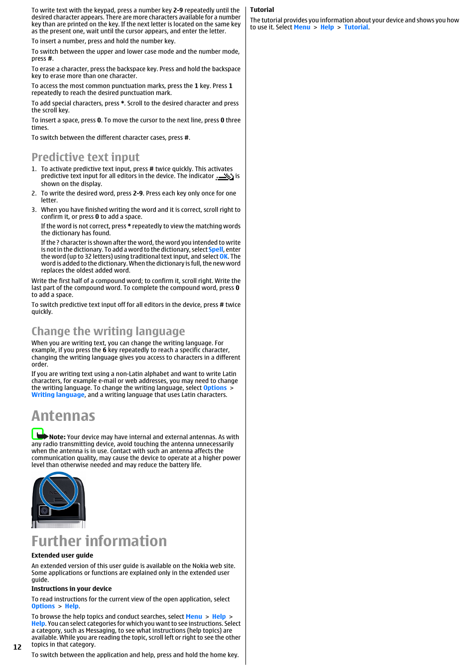 Predictive text input, Change the writing language, Antennas | Further information | Nokia E51 User Manual | Page 12 / 52