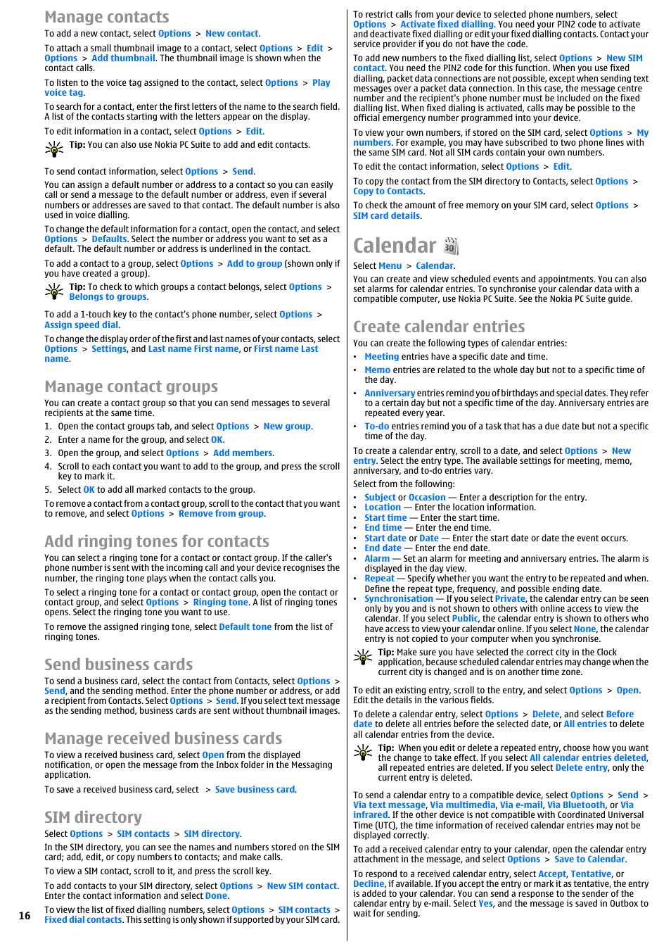 Manage contacts, Manage contact groups, Add ringing tones for contacts | Send business cards, Manage received business cards, Sim directory, Calendar, Create calendar entries | Nokia E51 User Manual | Page 16 / 52